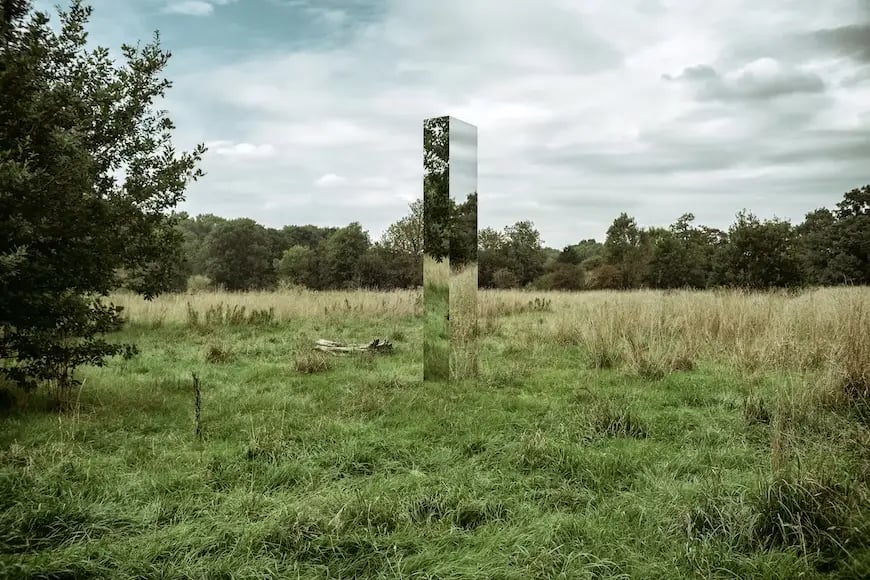 A rectangular mirrored structure standing upright in a field surrounded by trees.